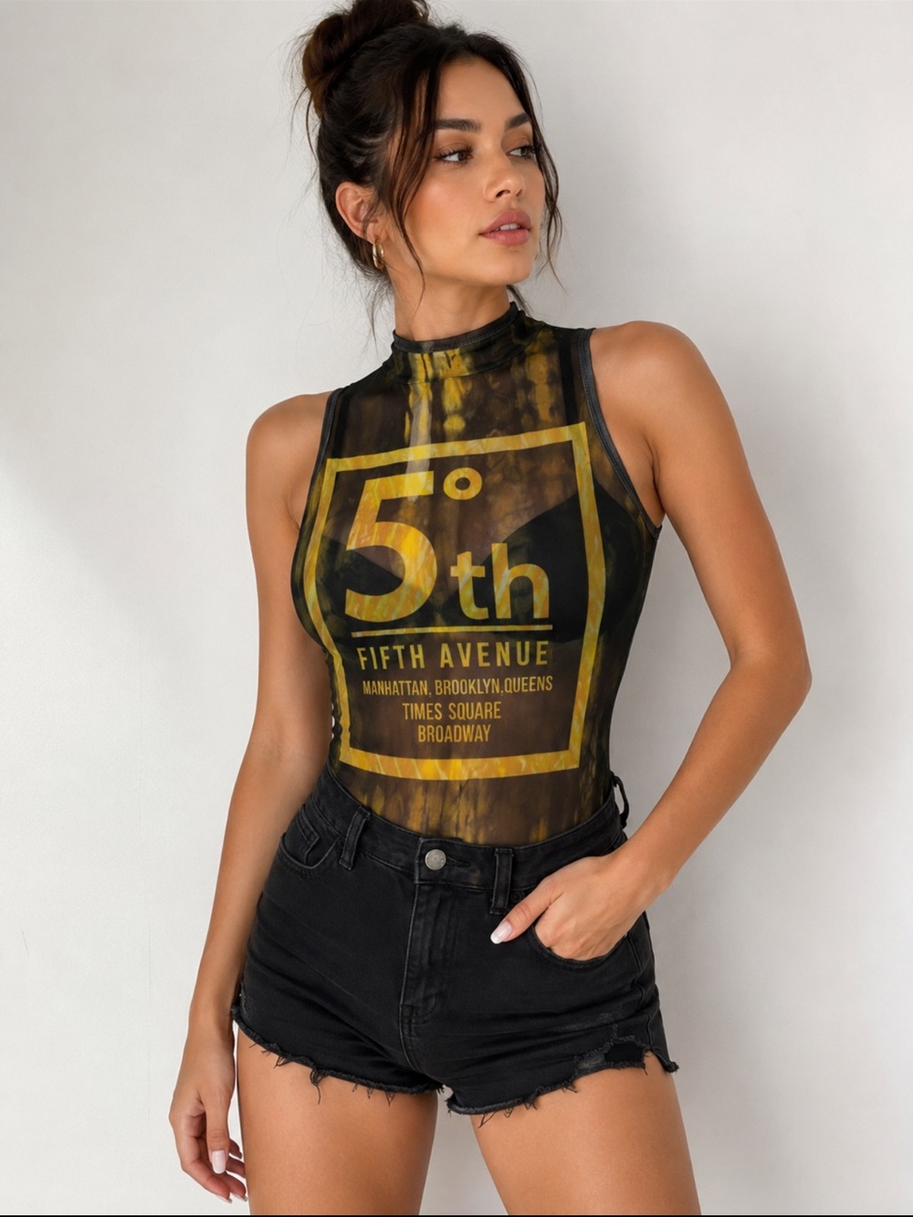 Sheer Black Sleeveless Bodysuit with Yellow Graphic
